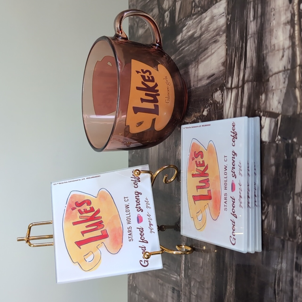 Gilmore Girls LUKE'S Bundle with Glass Mug and 4 Pack Glass Coasters ☕(Licensed)